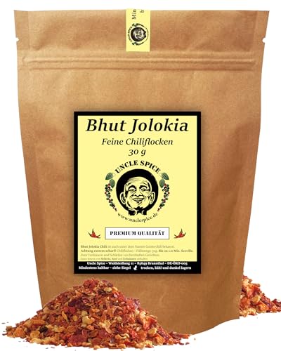 UNCLE SPICE® BHUT JOLOKIA Chiliflocken 30g - eine der schärfsten Chili der Welt - Geisterchili in Premiumqualität - NAGA JOLOKIA - Chilischoten in Flocken- 1.0 Mio Scoville - Achtung EXTREM SCHARF von Uncle Spice