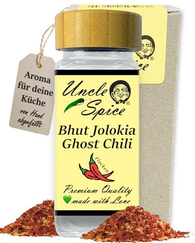 Uncle Spice BHUT JOLOKIA Chiliflocken 30g - im edlen Gewürzglas - eine der schärfsten Chili-Flocken der Welt im Streuer - GEISTERCHILI - NAGA JOLOKIA - 1.0 Mio Scoville - Achtung EXTREM SCHARF von Uncle Spice