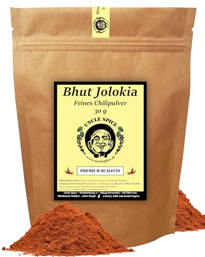 UNCLE SPICE® BHUT JOLOKIA Chilipulver 30g - eine der schärfsten Chili der Welt - Geisterchili in Premiumqualität - NAGA JOLOKIA - Chilischoten in Pulver - 1.0 Mio Scoville - Achtung EXTREM SCHARF von Uncle Spice