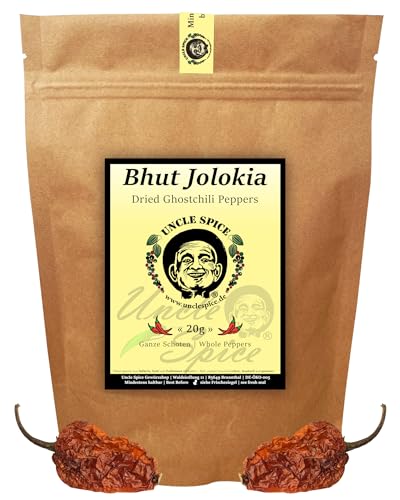 UNCLE SPICE® BHUT JOLOKIA Chilischoten 20g - eine der schärfsten Chili der Welt – ganze Geisterchili - NAGA JOLOKIA – getrocknete Chilischoten – bis zu 1.0 Mio Scoville - Achtung EXTREM SCHARF von Uncle Spice