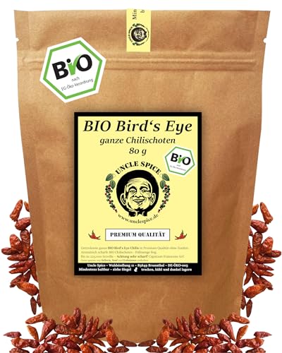 UNCLE SPICE® BIO Birds Eye Chili ganz - 80g ganze BIO Vogelaugenchilis - PIRI PIRI in Premiumqualität, bis zu 200k SHU, scharfe getrocknete Chilischoten, DE-ÖKO-005 von Uncle Spice