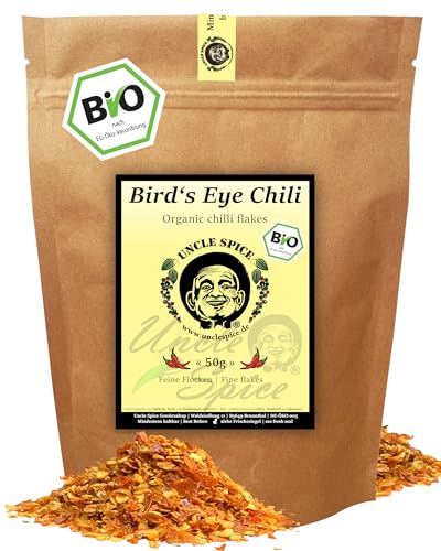 UNCLE SPICE® BIO Birds Eye Chiliflocken- 50g geschrotete BIO Vogelaugenchilis - PIRI PIRI FLOCKEN - bis zu 200k SHU, scharfe getrocknete Chili-Flocken, Chiliflakes, DE-ÖKO-005 von Uncle Spice