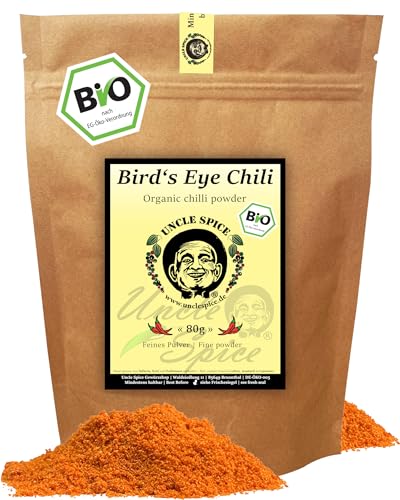 UNCLE SPICE® BIO Birds Eye Chilipulver- 80g fein gemahlene BIO-Vogelaugenchilis - PIRI PIRI PULVER - bis zu 200k SHU, scharfe gemahlene Chili-Schoten, organic Chili Powder, DE-ÖKO-005 von Uncle Spice