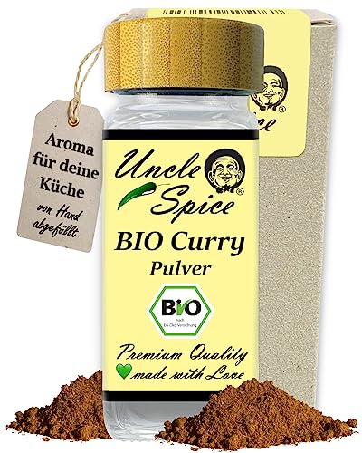 Uncle Spice BIO CURRY Gewürzmischung im Streuer - 45g Currypulver nach altem indischen Hausrezept im Gewürzglas - Bio Curry Pulver Madras Art ohne Zusätze, für Soßen und Currywurst, DE-ÖKO-005 von Uncle Spice