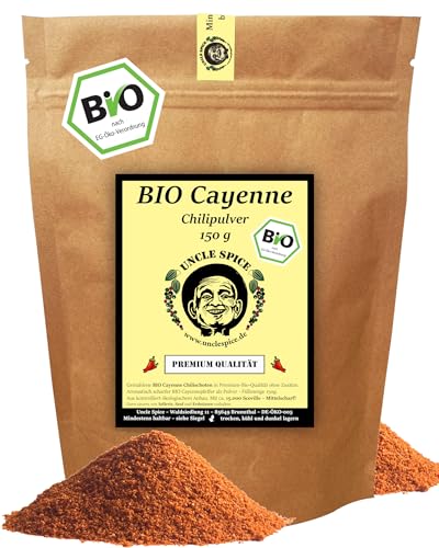 UNCLE SPICE® BIO Cayennepfeffer Chilipulver 150g - BIO Chilischoten gemahlen - Cayennechili-Pulver in PREMIUM-BIO-QUALITÄT - 15.000 Scoville - mit leichter Schärfe - DE-ÖKO-005 von Uncle Spice