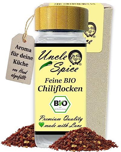 UNCLE SPICE® BIO Chiliflocken- 50g Chili-Schoten geschrotet im Gewürzglas - feine BIO CHILI Flocken in PREMIUMQUALITÄT - Chiliflocken im Streuer - angenehme Schärfe, DE-ÖKO-005 von Uncle Spice