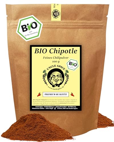 UNCLE SPICE® BIO Chipotle Chili Pulver - 100g BIO CHIPOTLE Chilipulver, Chilis gemahlen in Premiumqualität, mittelscharfe Chilischoten, würzig-rauchiger Genuss, Jalapeno Chili geräuchert, DE-ÖKO-005 von Uncle Spice