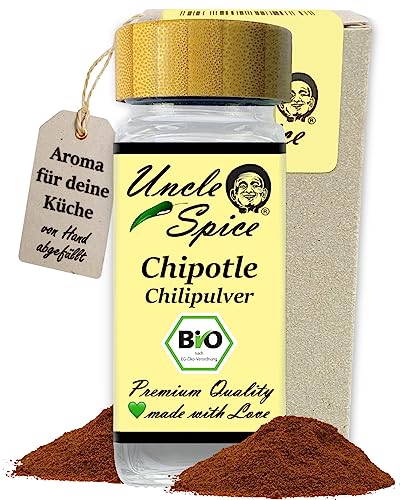 UNCLE SPICE® BIO Chipotle Chilipulver - 50g CHIPOTLE Pulver im Gewürzglas - BIO Chili gemahlen im Streuer, mittelscharfe Chilischoten, würzig-rauchiger Genuss, Jalapeno Chili geräuchert, DE-ÖKO-005 von Uncle Spice