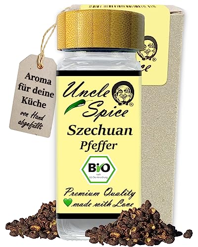 UNCLE SPICE® BIO Szechuan Pfeffer, Timut-Pfeffer - 30g Szechuanpfeffer im Gewürzglas - aus Nepal, ganze handgepflückte Pfefferbeeren, echte Wildsammlung, Grapefruitpfeffer DE-ÖKO-005 von Uncle Spice