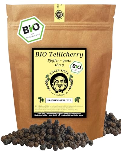 Uncle Spice BIO Tellicherry Pfeffer - 180g schwarzer Pfeffer ganz - Jumbopfeffer - Hochland Bergpfeffer - Premium-BIO-Qualität - handverlesene ganze Körner für die Mühle, kräftige Schärfe, DE-ÖKO-005 von Uncle Spice