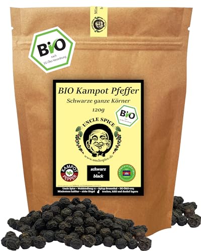 Uncle Spice BIO schwarzer Kampot Pfeffer - 120g BIO Kampot Pfeffer schwarz - Premiumqualität - sonnengetrocknete Pfefferbeeren, BIO Pfefferkörner ganz, handverlesen für die Mühle, DE-ÖKO-005 von Uncle Spice