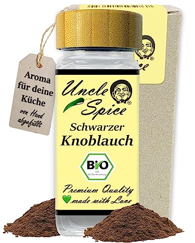 Uncle Spice BIO schwarzer Knoblauch gemahlen - 55g Knoblauchpulver schwarz im Gewürzglas SUPERFOOD Black Garlic - BIO fermentierter Knoblauch im Streuer - in schmackhafter Premium Qualität, DE-ÖKO-005 von Uncle Spice