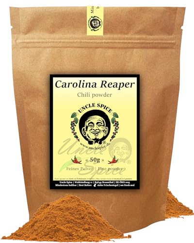 UNCLE SPICE® Carolina Reaper Pulver - 50g schärfste Chili der Welt fein gemahlen in Premiumqualität - GRINGO KILLER - Chilischoten in Pulver, Chilipulver - 1.5 Mio Scoville - EXTREM SCHARF von Uncle Spice