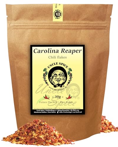 UNCLE SPICE® Carolina Reaper Flocken- 30g schärfste Chili der Welt - feine Chiliflocken in Premiumqualität - GRINGO KILLER - Chilischoten in Flocken - 1.5 Mio Scoville - Achtung EXTREM SCHARF von Uncle Spice