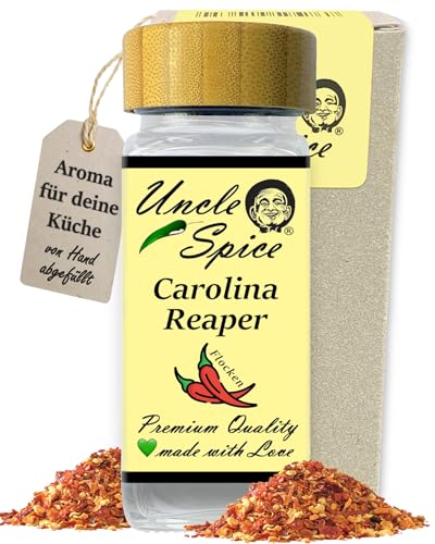 UNCLE SPICE® Carolina Reaper Flocken - 35g schärfste Chili der Welt als Flocken im edlen Gewürzglas - GRINGO KILLER - Chilischoten geschrotet, Chiliflocken im Streuer, 1.5 Mio Scoville, EXTREM SCHARF von Uncle Spice