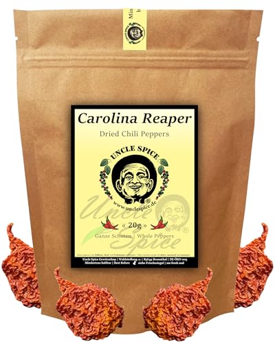 UNCLE SPICE® Carolina Reaper Schoten- 20g schärfste Chili der Welt - ganze Chilischoten in Premiumqualität - GRINGO KILLER - Chilischoten getrocknet - 1.5 Mio Scoville - Achtung EXTREM SCHARF von Uncle Spice