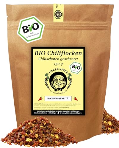 UNCLE SPICE® BIO Chiliflocken- 150g Chili-Schoten geschrotet - feine BIO CHILI Flocken in PREMIUMQUALITÄT DE-ÖKO-005 - Chiliflocken in Aromatüte - angenehme Schärfe von Uncle Spice