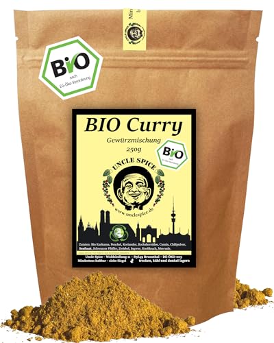 UNCLE SPICE® BIO CURRY Gewürzmischung - 250g Currypulver nach altem indischen Hausrezept - PREMIUMQUALITÄT - Bio Curry Pulver Madras Art ohne Zusätze, für Soßen und Currywurst, DE-ÖKO-005 von Uncle Spice