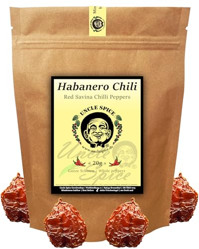 UNCLE SPICE® Habanero Chilischoten - 20g Habanero-Chili ganze echte RED SAVINA Chili-Schoten in PREMIUM-QUALITÄT - ganze getrocknete Habanero Schoten im Aromabeutel - Achtung SCHARF von Uncle Spice