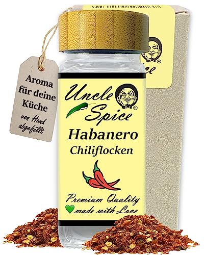 Uncle Spice Habanero Chiliflocken - 35g Habanero-Chili echte RED SAVINA Chilischoten geschrotet im Gewürzglas - Habanero Chiliflocken im Streuer, Chili-Gewürzflocken - Achtung SCHARF von Uncle Spice