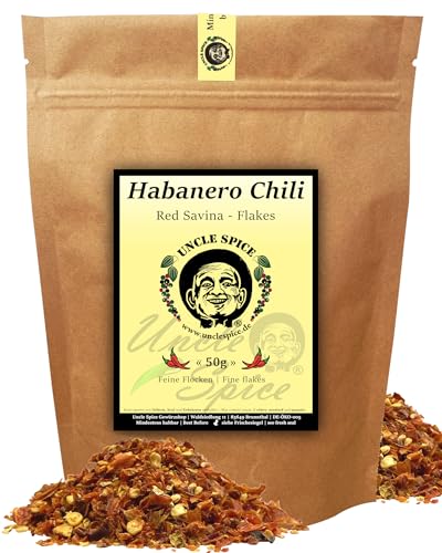 UNCLE SPICE® Habanero Chiliflocken - 50g Habanero-Chili echte RED SAVINA Chilischoten geschrotet in Premiumqualität - Habanero Chilischoten in Flocken, Chili-Flocken Gewürzflocken - Achtung SCHARF von Uncle Spice