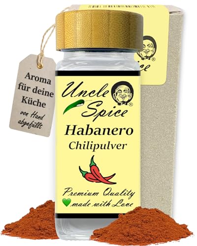 UNCLE SPICE® Habanero Chilipulver - 55g Habanero-Chili echte RED SAVINA im edlen Gewürzglas - Chilischoten gemahlen - Habanero Chilipulver im Streuer, Chili-Gewürzpulver - Achtung SCHARF von Uncle Spice