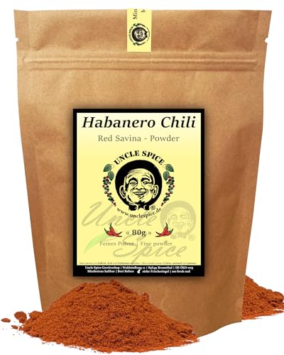 UNCLE SPICE® Habanero Chilipulver - 80g Habanero-Chili echte RED SAVINA Chili fein gemahlen in Premiumqualität - Habanero Chilischoten in Pulver, scharfes Gewürzpulver - Achtung SCHARF von Uncle Spice