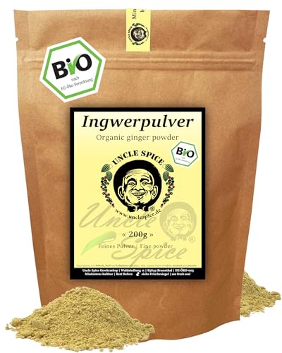 UNCLE SPICE® BIO Ingwerpulver - 200g Ingwer-Wurzel fein gemahlen in PREMIUM-BIO-QUALITÄT - Ginger powder, Ingwer Pulver, Ingwerwurzel, DE-ÖKO-005 - Ajurveda Ingwer Tee von Uncle Spice