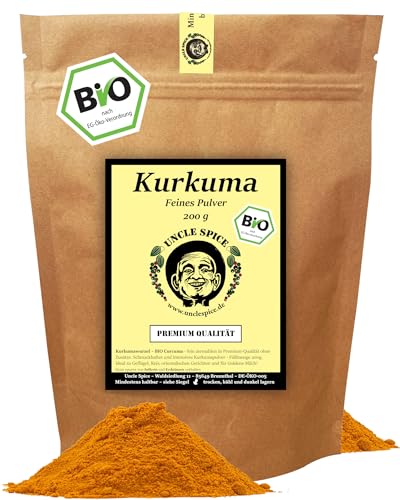 UNCLE SPICE® BIO Kurkuma - 200g Kurkuma-Wurzel gemahlen, 2,5-3,5% Curcumin, CURCUMA Turmeric SUPERFOOD, Kurkumapulver in Premium-Qualität - organic Curcuma-Powder, DE-ÖKO-005 von Uncle Spice