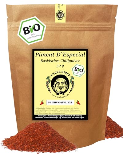 UNCLE SPICE® BIO Piment D'Especial AOP - 50g BIO Baskischer Chili original aus Espelette - in Premiumqualität - milde BIO Chilischoten gemahlen, DE-ÖKO-005, Organic Chilipulver, Chili - 2500 Scoville von Uncle Spice