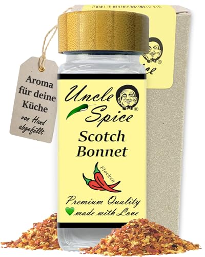 UNCLE SPICE® Scotch Bonnet Chiliflocken - 35g Scotch-Bonnet-Chili im edlen Gewürzglas in Premiumqualität – tropisch-fruchtige Chilischoten als Flocken, Chili Gewürzflocken - Achtung sehr SCHARF von Uncle Spice