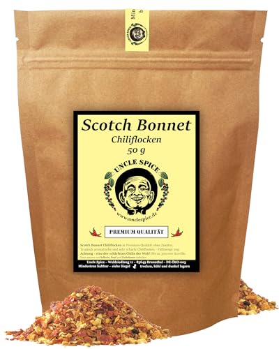 Uncle Spice Scotch Bonnet Chiliflocken - 50g Scotch-Bonnet-Chili geschrotet in Premiumqualität – exotisch-fruchtige Chilischoten als Flocken, tropische Chili Gewürzflocken - Achtung sehr SCHARF von Uncle Spice