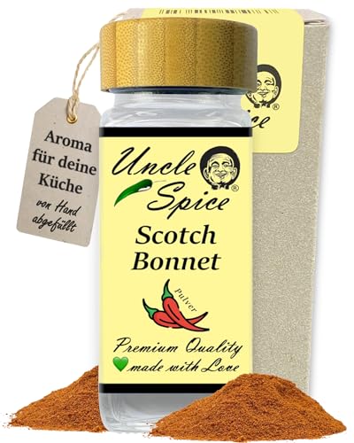 Uncle Spice Scotch Bonnet Chilipulver - 55g Scotch-Bonnet-Chili im edlen Gewürzglas fein gemahlen in Premiumqualität – tropisch-fruchtige Chilischoten als Pulver - Achtung sehr SCHARF von Uncle Spice