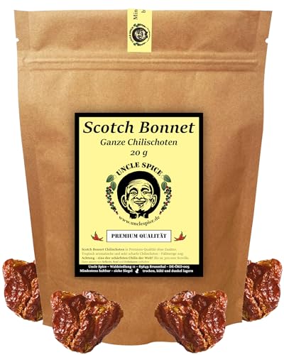 UNCLE SPICE® Scotch Bonnet Chilischoten - 20g Scotch-Bonnet-Chili getrocknet in Premiumqualität – exotisch-fruchtige ganze Chilischoten, tropische Chili Gewürzschoten - Achtung sehr SCHARF von Uncle Spice