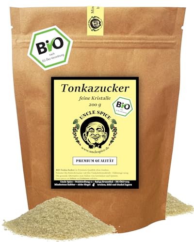 Uncle Spice BIO Tonka Zucker - 200g feinster Zucker mit Tonkabohnen - in BIO-Qualität - Rohrzucker und geriebene Tonkabohnen aus ökologischem Anbau, DE-ÖKO-005- Ideale Alternative zu Vanillezucker von Uncle Spice