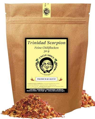 UNCLE SPICE® Trinidad Scorpion FLOCKEN RED Moruga 30g - eine der schärfsten Chili der Welt 1.2 Mio Scoville - RED SCORPION in Premiumqualität - Chilischoten geschrotet - Achtung EXTREM SCHARF von Uncle Spice