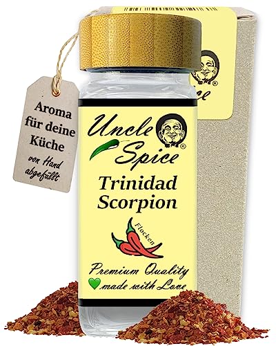 UNCLE SPICE® Trinidad Scorpion FLOCKEN RED Moruga 30g im Gewürzglas - eine der schärfsten Chili der Welt 1.2 Mio Scoville - RED SCORPION im Streuer - Chilischoten geschrotet - Achtung EXTREM SCHARF von Uncle Spice