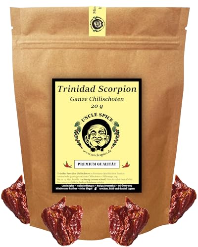 UNCLE SPICE® Trinidad Scorpion SCHOTEN RED Moruga 20g - eine der schärfsten Chili der Welt 1.2 Mio Scoville - RED SCORPION in Premiumqualität - ganze getrocknete Chilischoten - Achtung EXTREM SCHARF von Uncle Spice