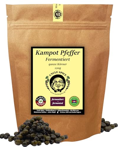 Uncle Spice fermentierter Kampot Pfeffer - 120g echter Kampot Pfeffer fermentiert - Premiumqualität - ganze frische grüne Pfefferbeeren, echter grüner Pfeffer aus Kambodscha von Uncle Spice