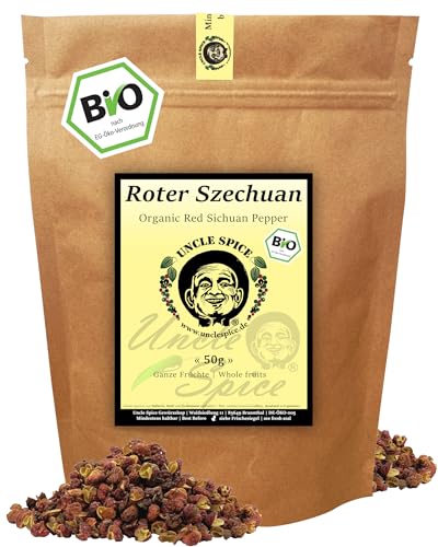 UNCLE SPICE® BIO Szechuan Pfeffer – 50g roter Szechuanpfeffer aus Sichuan – handverlesen & prickelnd zitronig – Premium Bio Qualität DE-ÖKO-005 – ideal für Pfeffermühle, BBQ & asiatische Gerichte von Uncle Spice
