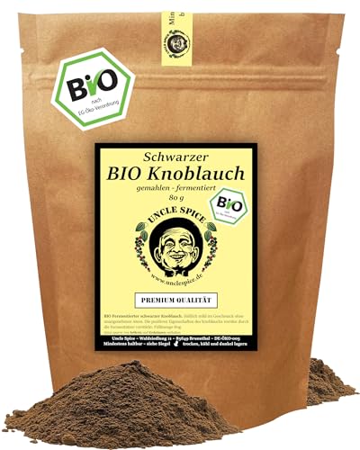 Uncle Spice BIO schwarzer Knoblauch gemahlen - 80g - Knoblauchpulver schwarz SUPERFOOD Black Garlic - BIO fermentierter Knoblauch - in schmackhafter Premium Qualität, DE-ÖKO-005 von Uncle Spice