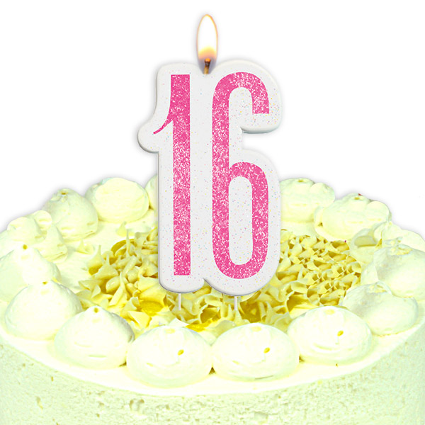 Birthday-Zahlenkerze als 16 mit Glitter in Pink von Unique