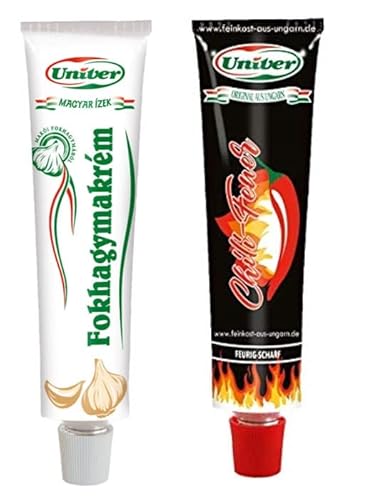 Univer Zrt. Sparset Knoblauch Creme 70g Tube und Chili-Feuer rohe gemahlene Chili-Paprika von Univer Zrt.