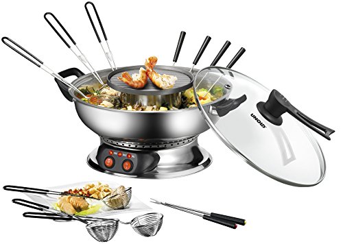 UNOLD 48746 ASIA-FONDUE für 6 Personen mit 6 Gabeln und Körbchen | Mit abnehmbarer Grillplatte, Glasdeckel, Fonduetopf aus Edelstahl, Fondue- und Grillfunktion, 1.950 W von Unold