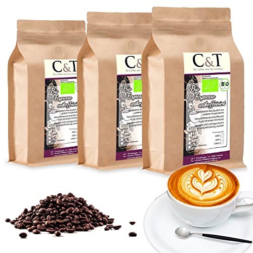C&T Bio Espresso Crema entkoffeiniert | 3 x 1000g ganze Bohnen | 100% Arabica Kaffee | Cafe Gastro-Sparpack im Kraftpapierbeutel von C&T