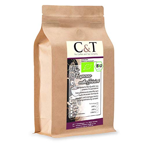 C&T Bio Espresso Crema | Cafe entkoffeiniert 100 % Arabica 500 g entkoffeinierter Kaffee gemahlen im Kraftpapierbeutel von C&T