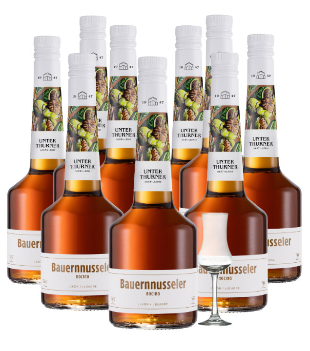 9 x Unterthurner Bauernnusseler + gratis Schnapskelch (39 % vol., 6,3 Liter) von Unterthurner Privatbrennerei