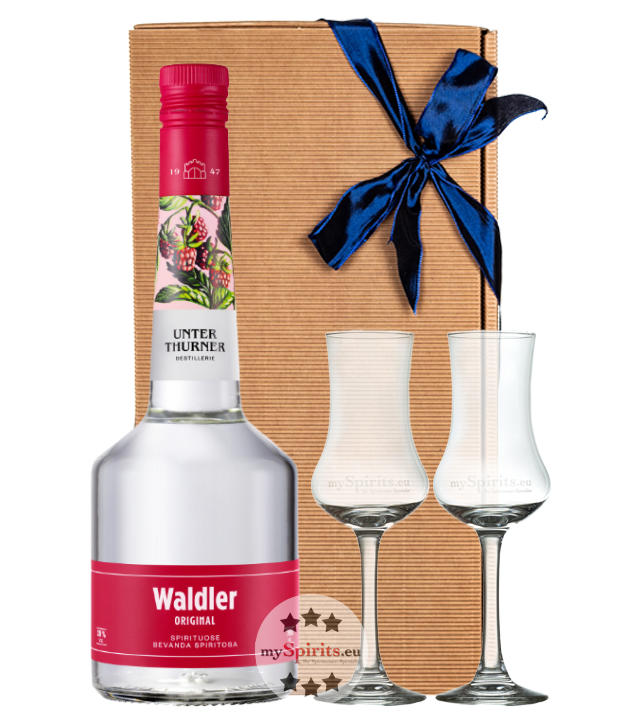 Unterthurner Geschenk-Set Waldler + 2 x Kelch Glas (39 % vol., 0,7 Liter) von Unterthurner Privatbrennerei