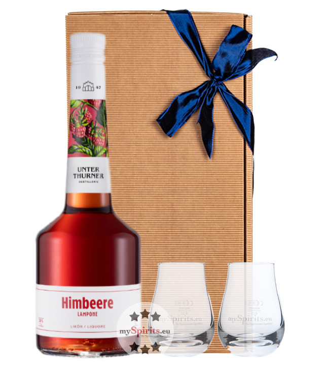 Unterthurner Geschenkset Waldhimbeer-Likör + 2 x Likör-Glas (28 % Vol., 0,7 Liter) von Unterthurner Privatbrennerei