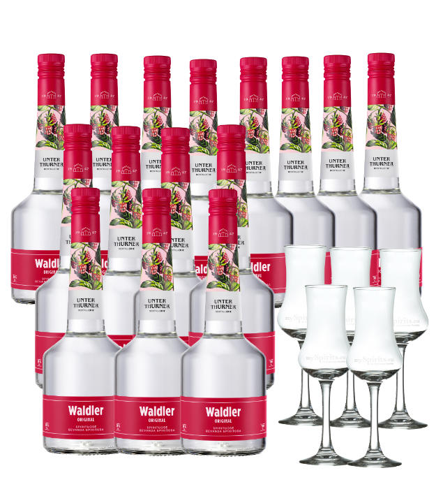 15 x Unterthurner Waldler Original + 5 Schnapskelche (39 % vol., 10,5 Liter) von Unterthurner Privatbrennerei